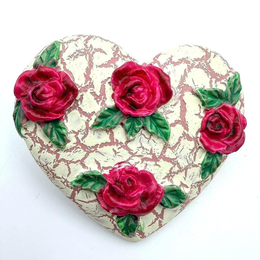 Vintage White Pink Painted Clay Heart Floral Love Beauty Lapel Pin Brooch Retro